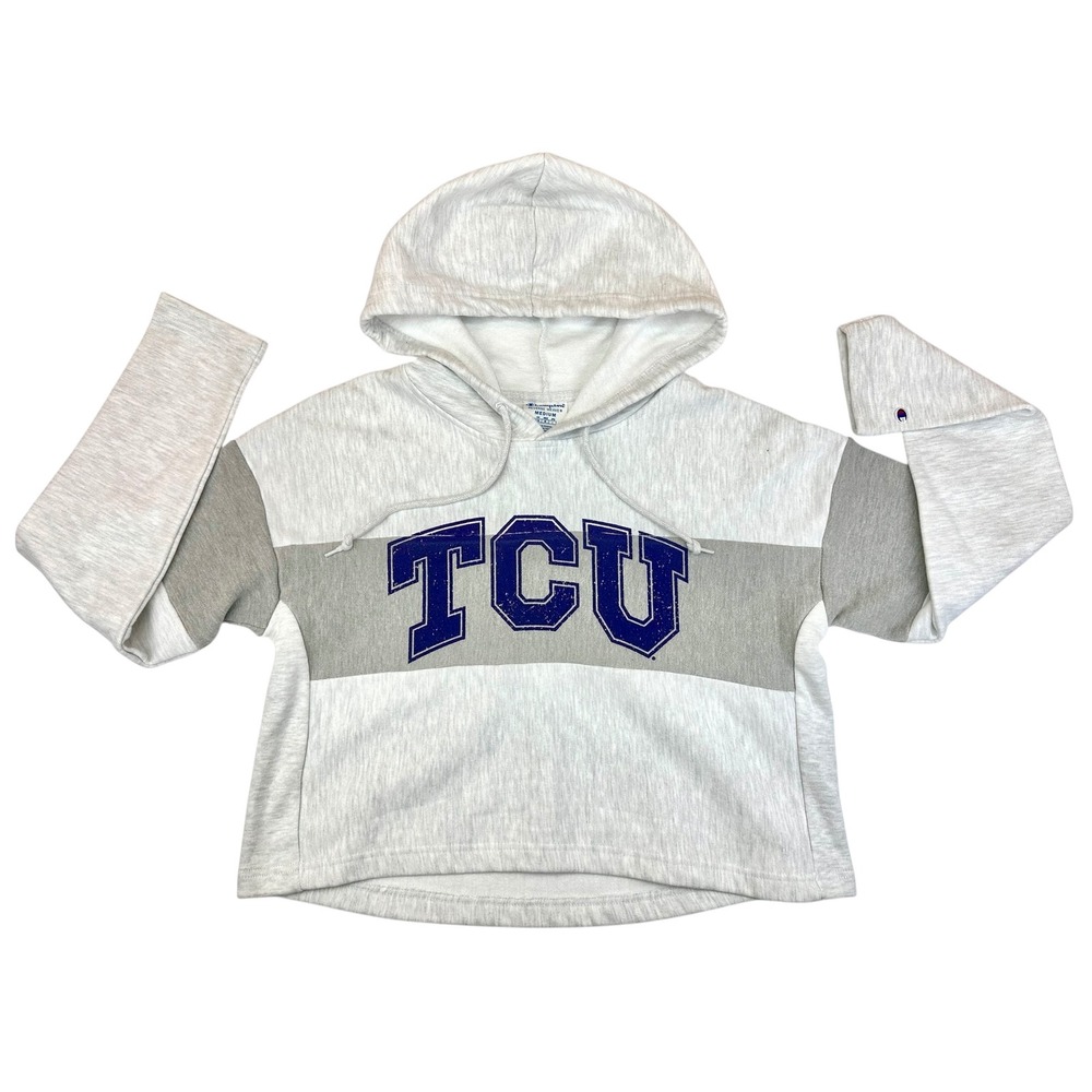 Champion Hoodie Reverse Weave TCU Horned Frogs Cropped Graphic Grey Size Medium